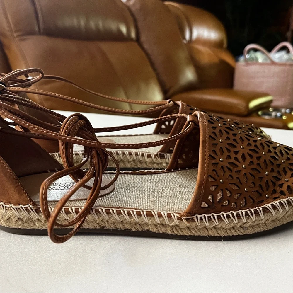 Anthropologie size 8 Brown Leather Laser-Cut Espadrille Ankle-Tie Sandals - Picture 3 of 7
